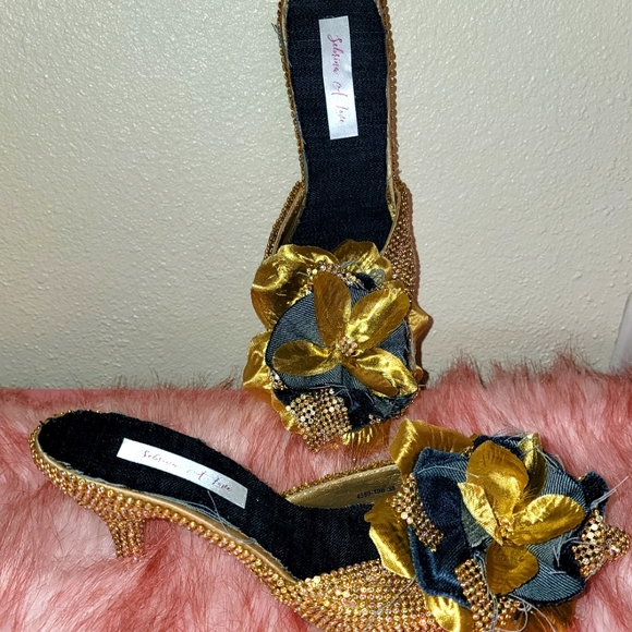 Custom Order "DALLAS" Denim & Diamonds AB Gold Crystal & Denim Mules - Picture 4 of 7